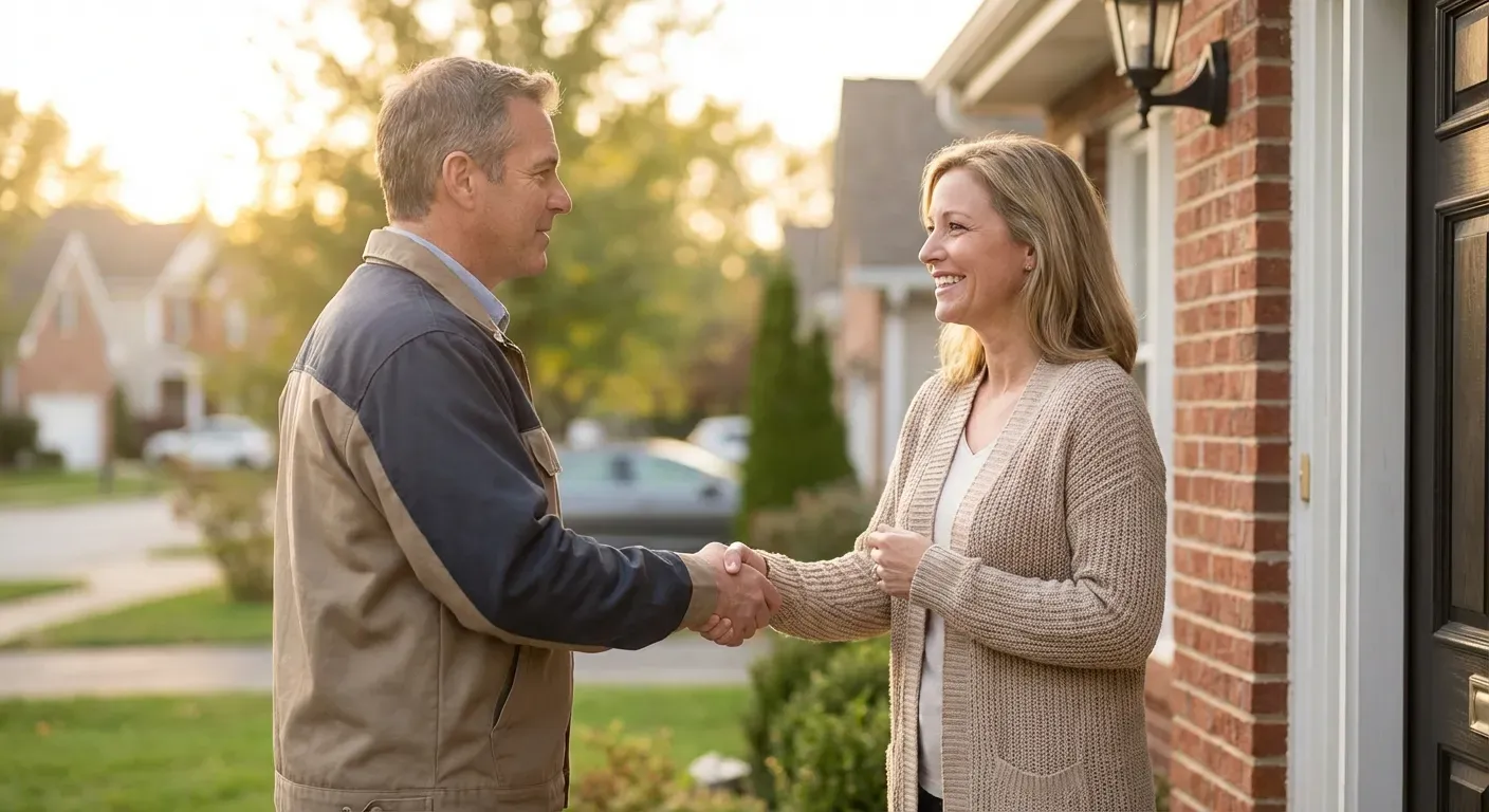 Plumber greeting a satisfied customer