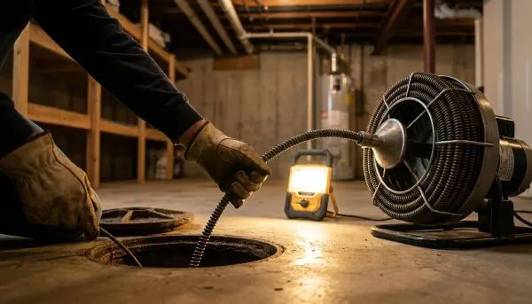 A plumber's gloved hands feed a steel sewer rodding cable from a coiled drum machine into an open floor cleanout in a residential basement, lit by a work light with a water heater in the background.
