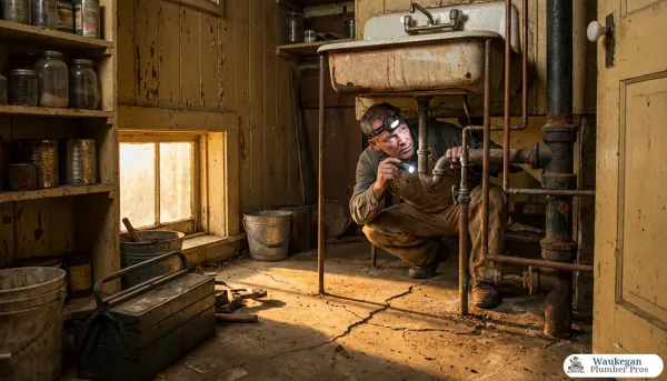 A plumber crouches beneath a kitchen sink in an older home, carefully inspecting a network of aging copper and galvanized pipes. Warm afternoon light streams through a small window, illuminating the worn concrete floor and peeling walls of the lived-in space.