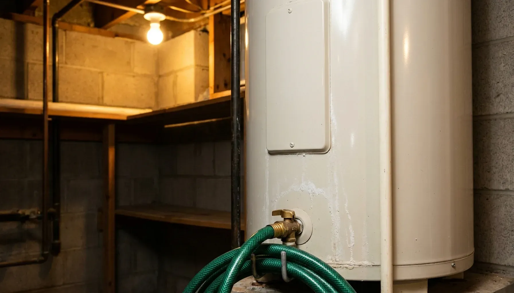 A residential tank water heater in a basement utility corner with a drain hose attached to its bottom valve for a sediment flush, mineral scale visible around the drain fitting.