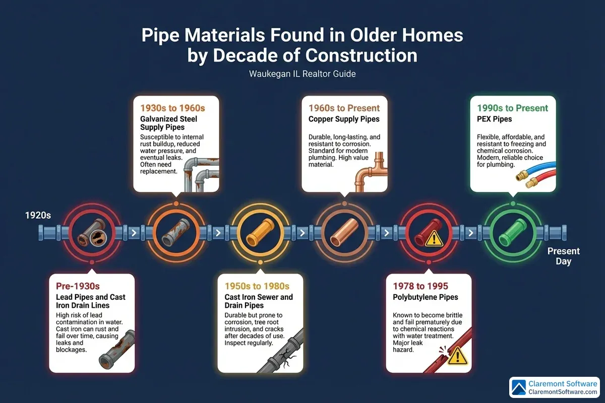 A horizontal timeline spanning from the 1900s to the 1990s showing when problematic pipe materials were commonly installed in homes: lead pipes prevalent from the early 1900s through the 1940s, galvanized steel pipes common from the 1930s through the 1970s, and polybutylene pipes widely used from the late 1970s through the mid-1990s, each highlighted as red flags for homeowners and inspectors.