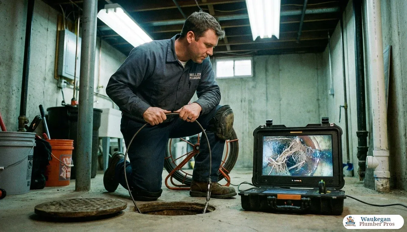 A plumber kneels on a concrete basement floor, feeding a flexible sewer camera scope into a floor cleanout pipe while a small monitor beside him displays a live feed revealing fibrous tree roots intruding through a pipe joint, all illuminated by overhead fluorescent utility lighting.
