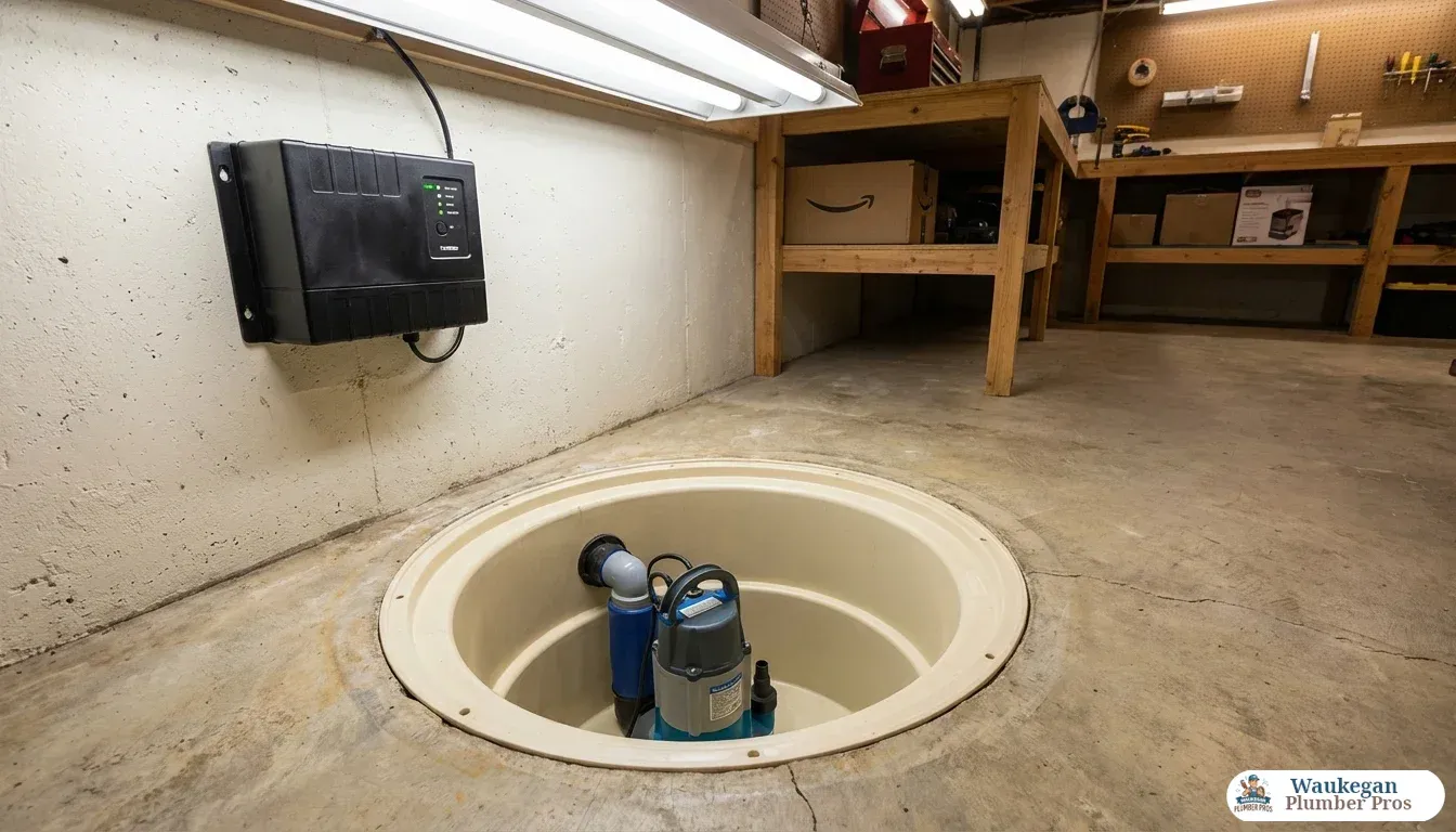 A clean sump pump pit embedded in a bare concrete basement floor, showing a submersible pump inside the crock with a black battery backup unit mounted on the adjacent wall. Bright overhead utility lighting illuminates the well-maintained space, with storage shelves visible in the background.