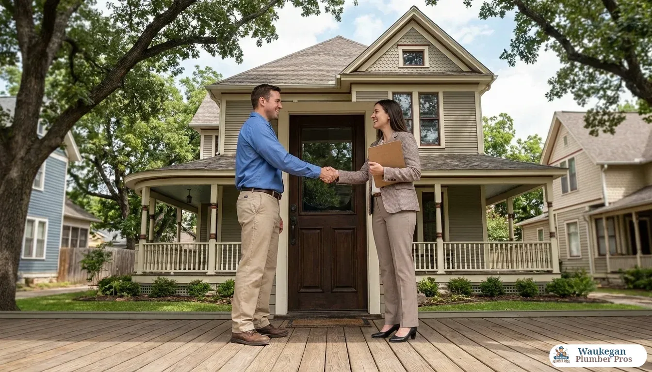 A professional plumber in a clean uniform shakes hands with a smiling female realtor holding a clipboard at the front door of a charming two-story home, with mature oak trees and neighboring houses softly visible in the background.